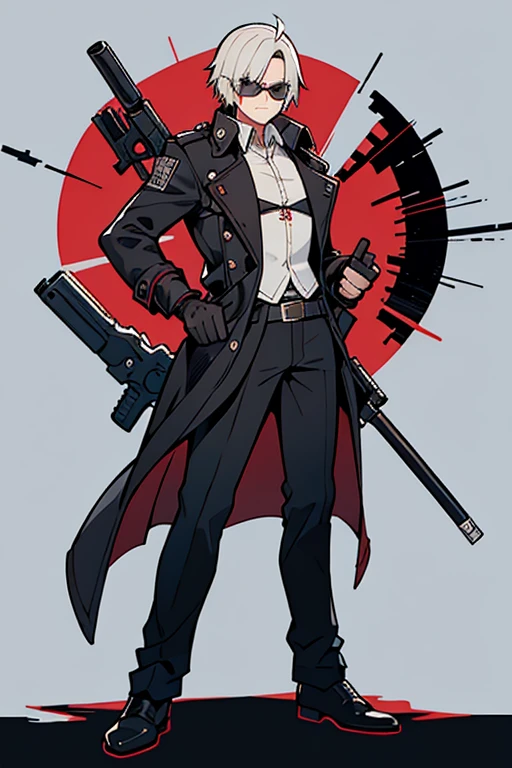 a guy of about 28 years old with a gray trench coat like Dante from Devil Man Cry, black pants, black vest, white shirt, a gun belt with his two favorite weapons, a pair of intimidating and high-powered semi-automatic pistols called 454 Casull and Jackal, and lastly some retro fashion UV polarized glasses and black gloves exposing his knuckles and index finger on each hand. His pants are wrapped with a black belt with a silver emblem featuring Dante Sparda's hair.
