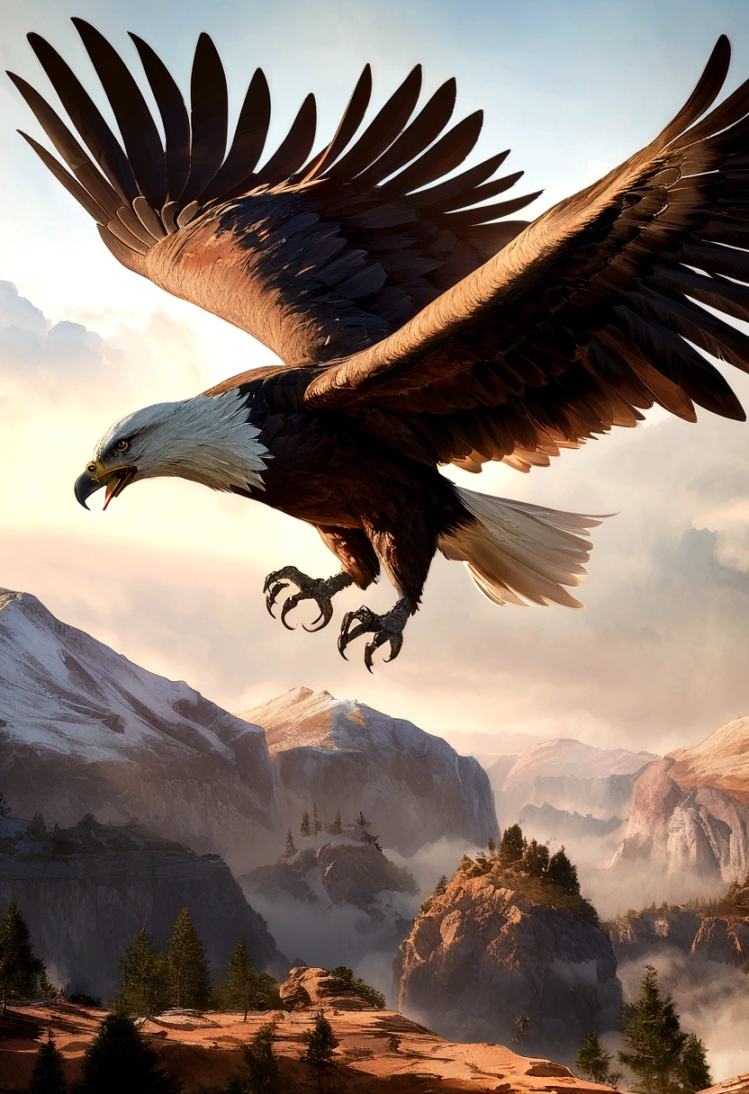 no meio da floresta nevada, Rodeado por montanhas cobertas de neve, A giant eagle flying, obra de arte, dynamic poses, ultra realist, Magic Encounter,amazing cgi,Computer graphics art