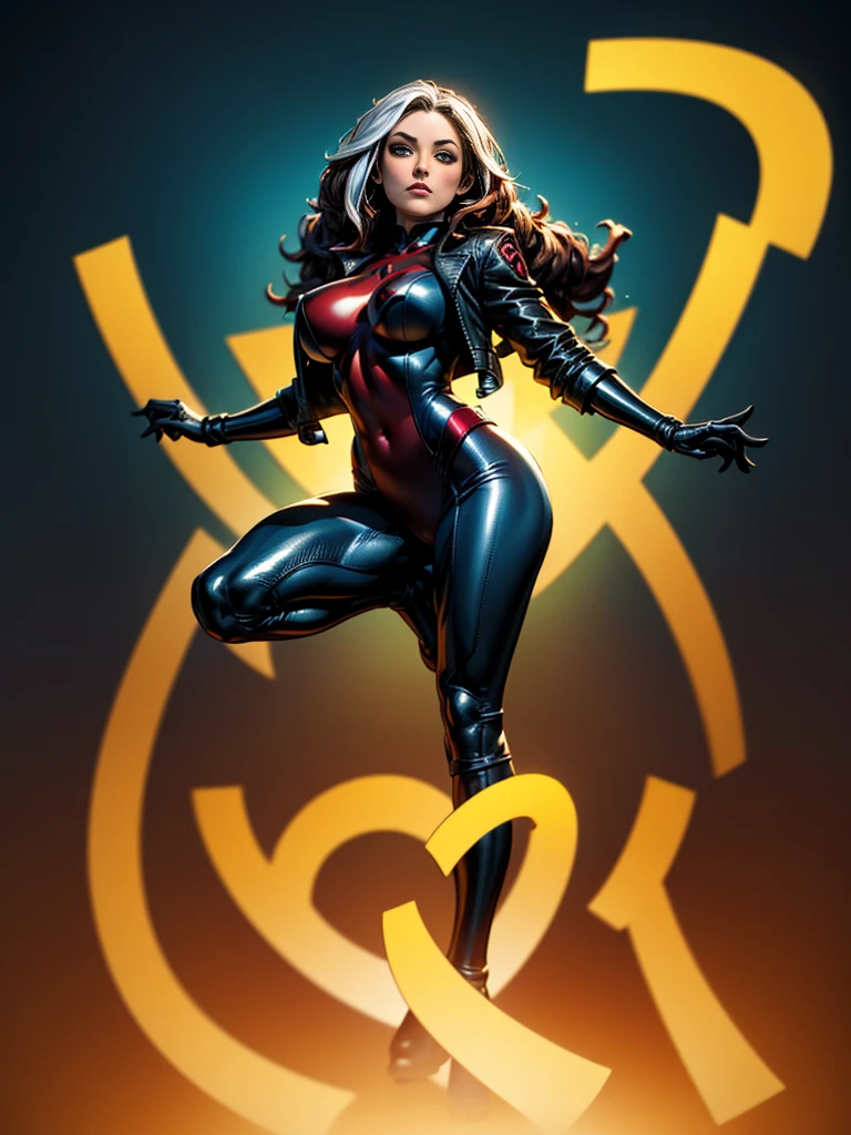 Olivia Wilde、masterpiece、High quality 4K、villain (X-Men)、Gothic Girl、Sculpted Body Gothic Makeup、Black jacket、Red and blue bodysuit、masterpiece、highest quality、Cowboy Shots、one personの女の子、one person、Technology Military Bodysuit、fringe