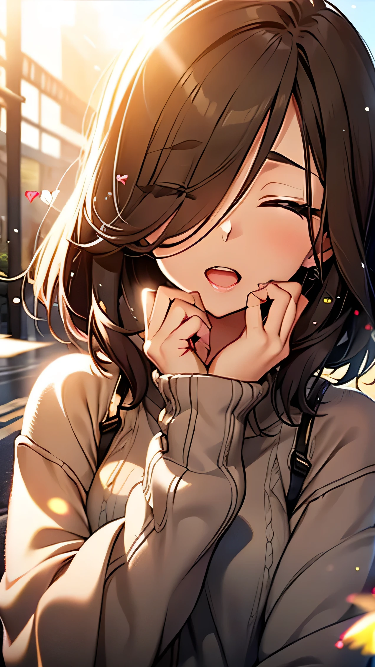 girl, Wear a cozy sweater, Upper Body, (LOL:1.1), (Open your mouth:1.1), (Eyes Wide Open:1.2), Sun glare, Bokeh, Depth of written boundary, Blurred Background, Particles of light, Strong winds, (Heart Particles:1.1)