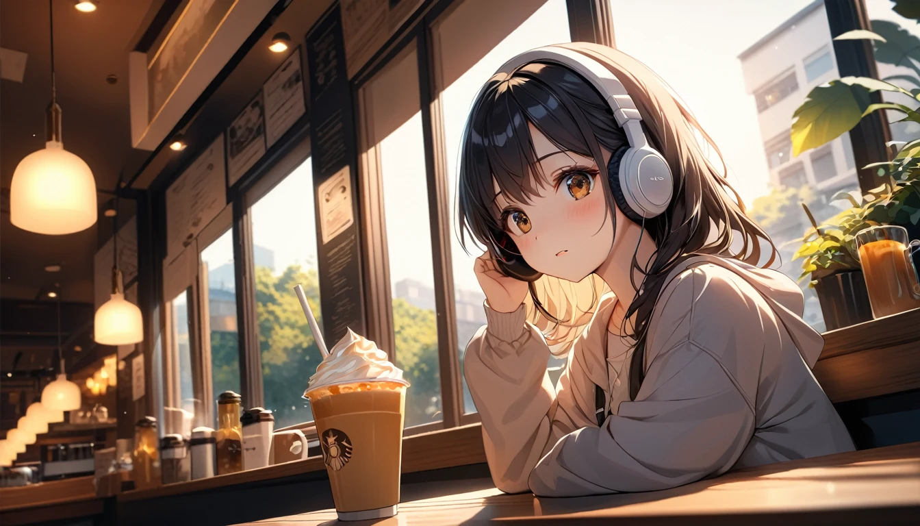 highest quality, Ultra-high resolution, One Girl, Morning Cafe、Drink coffee、cute,(Black Hair:1), ((Puffy eyes)), Looking out the window(Depth of Field HDR 8K 4K Wallpaper Cinematic Angle, Cafe lighting(masterpiece, highest quality:2.0),headphone,listen to music