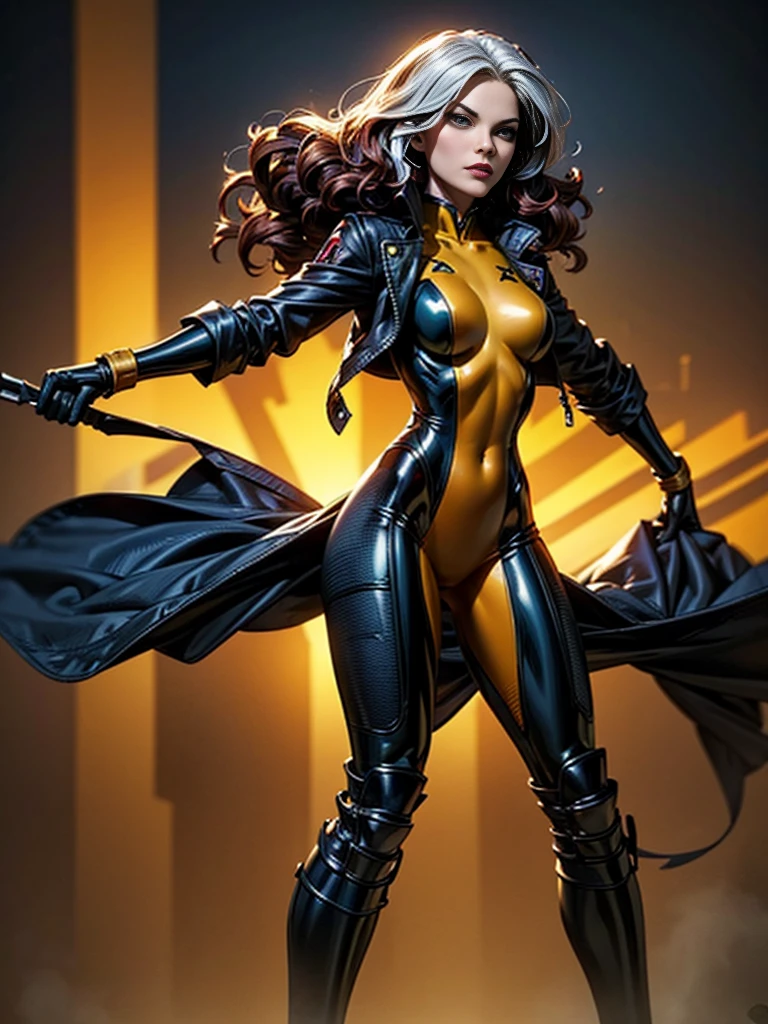 Jennifer Morrison、masterpiece、High quality 4K、villain (X-Men)、Gothic Girl、Sculpted Body Gothic Makeup、Black jacket、Red and blue bodysuit、masterpiece、highest quality、Cowboy Shots、one personの女の子、one person、Technology Military Bodysuit、fringe