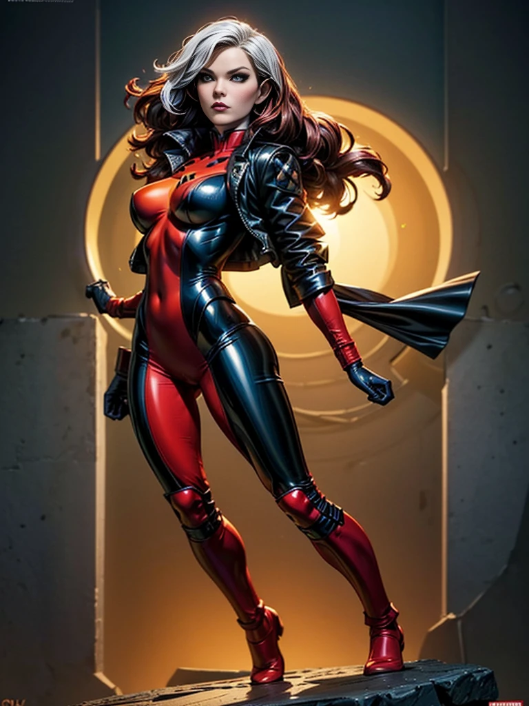 Jennifer Morrison、masterpiece、High quality 4K、villain (X-Men)、Gothic Girl、Sculpted Body Gothic Makeup、Black jacket、Red and blue bodysuit、masterpiece、highest quality、Cowboy Shots、one personの女の子、one person、Technology Military Bodysuit、fringe