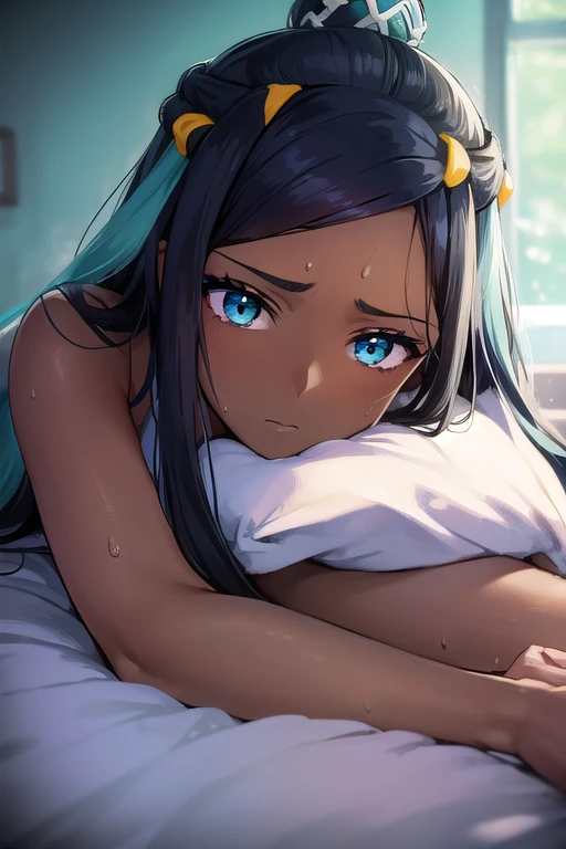 pokemonnessa, aqua eyes, eyeshadow, dark skin, (dark-skinned female:1.5), hair bun, hair ornament, makeup, long hair, sidelocks, single hair bun, thick eyebrows, black hair, aqua hair, streaked hair,

((Lying in bed))、((Sleep on your back))、Shot from above、(((Bust Focus)))、Upper Body、((Excited))、blush、Gazing at the audience、Sweat、(Disheveled Hair)、((Completely naked))