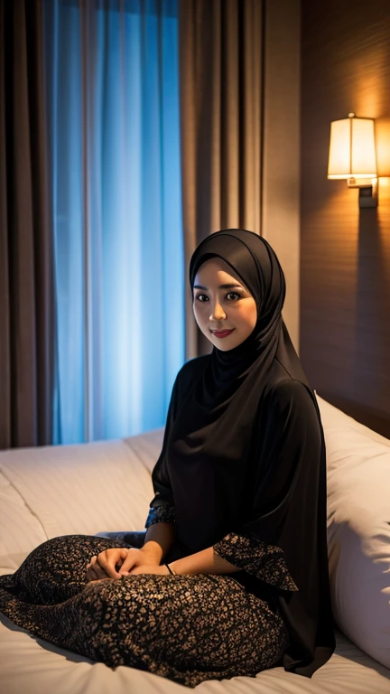 32 years Old, Hijab Indonesian mature woman, Big Mature  : 36.9, Gamis, curvy body, at bed hotel room , Dark light, at Nighttime.