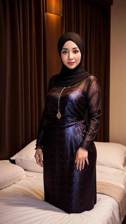 32 years Old, Hijab Indonesian mature woman, Big Mature : 36.9, Gamis, curvy body, at bed hotel room , Dark light, at Nighttime.