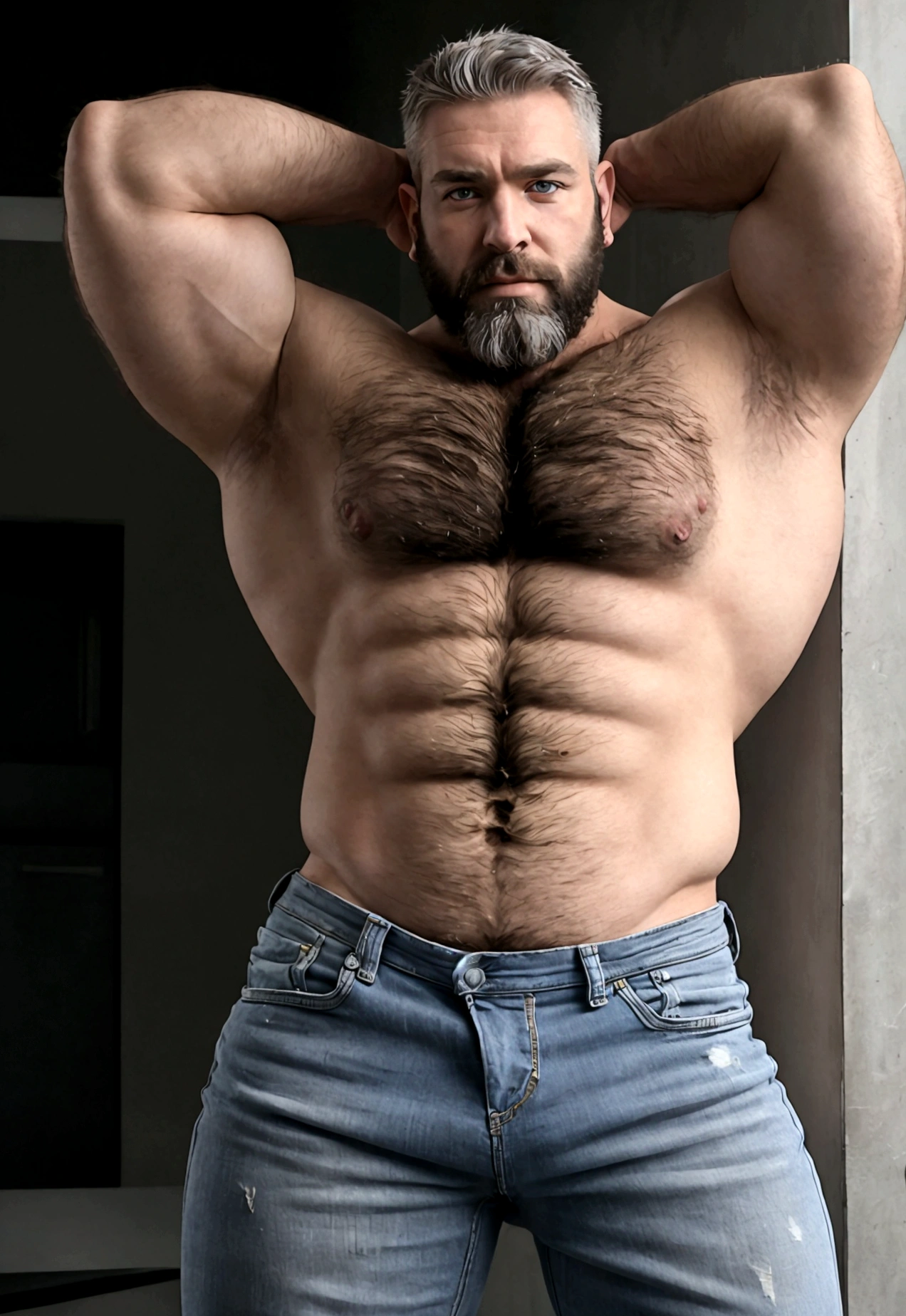 Hyper realistic photo of a hairy alpha male silverfox in his thirties, blue eyes, silver grey hair, licking his own biceps, heavy hairy body hair, hairy armpits, shirtless, broad and massive shoulders, hairy massive pecs, hairy massive hard abs, bodybuilder build, massive muscle lats, gigantic massive and hard biceps, gigantic massive trapezius muscle, highly detailed, HDR, 8K, High resolution, standing up in jeans short,