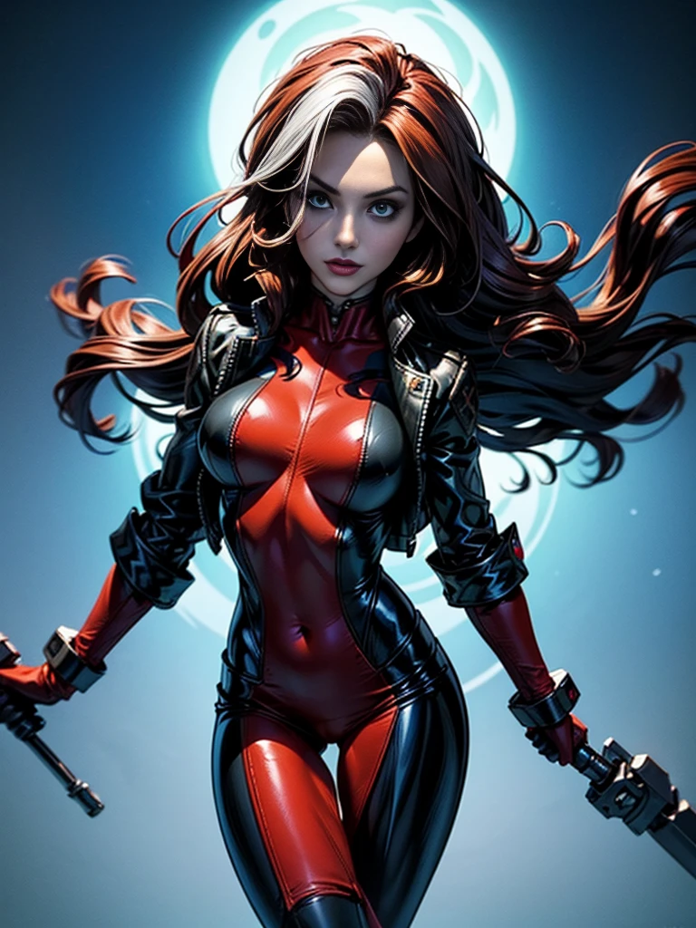 Kristin Kreuk、masterpiece、High quality 4K、villain (X-Men)、Gothic Girl、Sculpted Body Gothic Makeup、Black jacket、Red and blue bodysuit、masterpiece、highest quality、Cowboy Shots、one personの女の子、one person、Technology Military Bodysuit、fringe