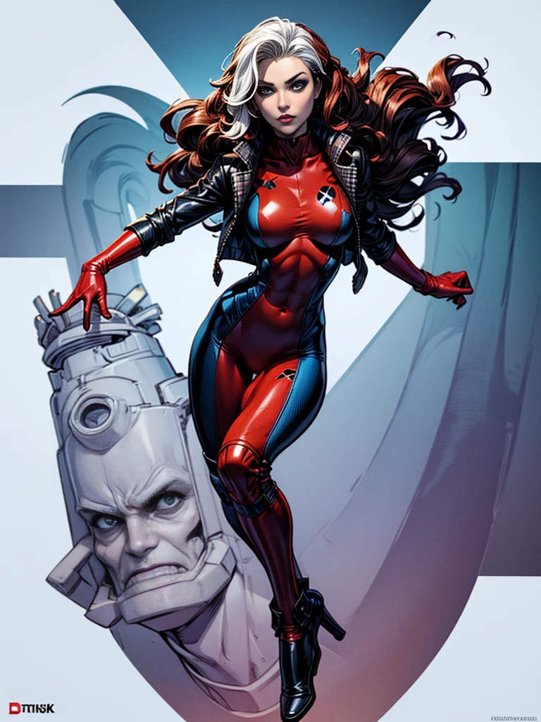 Kristin Kreuk、masterpiece、High quality 4K、villain (X-Men)、Gothic Girl、Sculpted Body Gothic Makeup、Black jacket、Red and blue bodysuit、masterpiece、highest quality、Cowboy Shots、one personの女の子、one person、Technology Military Bodysuit、fringe