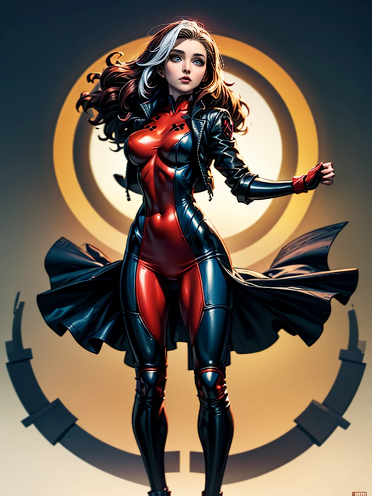 Hayden Panettiere、masterpiece、High quality 4K、villain (X-Men)、Gothic Girl、Sculpted Body Gothic Makeup、Black jacket、Red and blue bodysuit、masterpiece、highest quality、Cowboy Shots、one personの女の子、one person、Technology Military Bodysuit、fringe