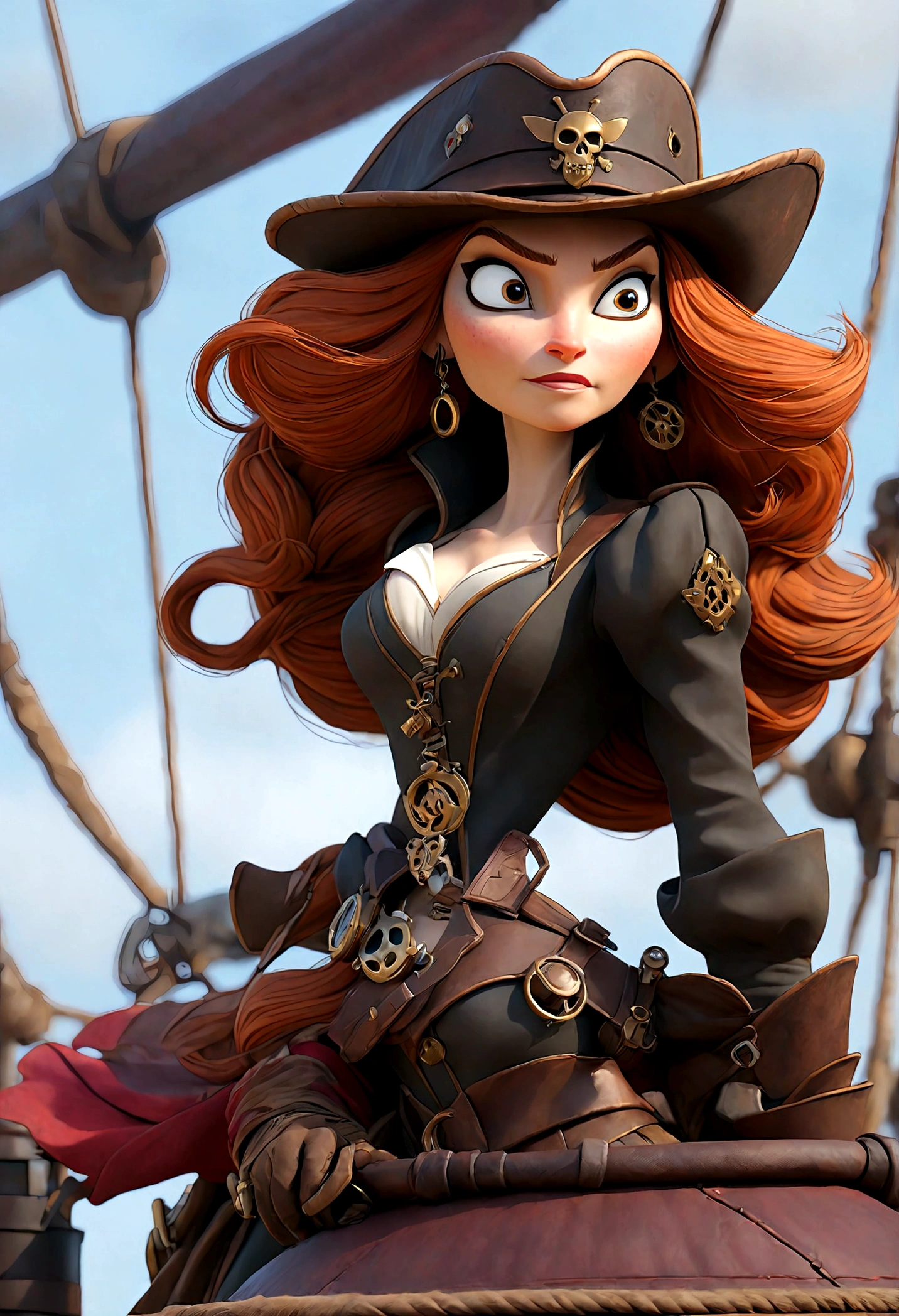 Gates McFadden (age 30) as a sky pirate, sexy over exposed revealing pirate outfit (alluring an d brave), pirate hat, sword and pistol at her side, on a red themed steampunk airship with crew, masterpiece, best quality, 8k, realistic, photorealistic, ultra-detailed, extremely detailed, sharp focus, vivid colors, professional, physically-based rendering, concept art