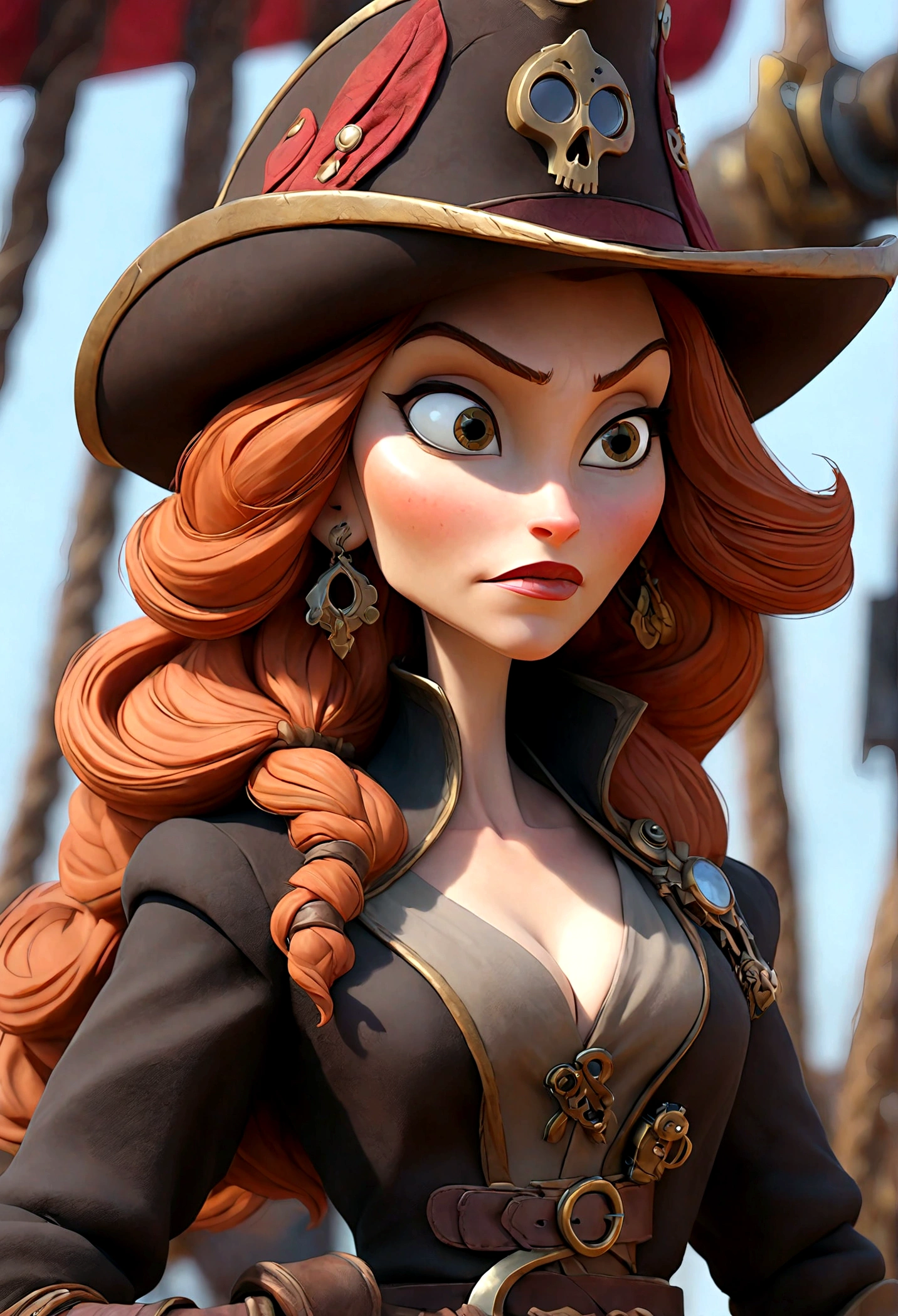 Gates McFadden (age 30) as a sky pirate, sexy over exposed revealing pirate bikini (alluring an d brave), pirate hat, sword and pistol at her side, on a red themed steampunk airship with crew, masterpiece, best quality, 8k, realistic, photorealistic, ultra-detailed, extremely detailed, sharp focus, vivid colors, professional, physically-based rendering, concept art