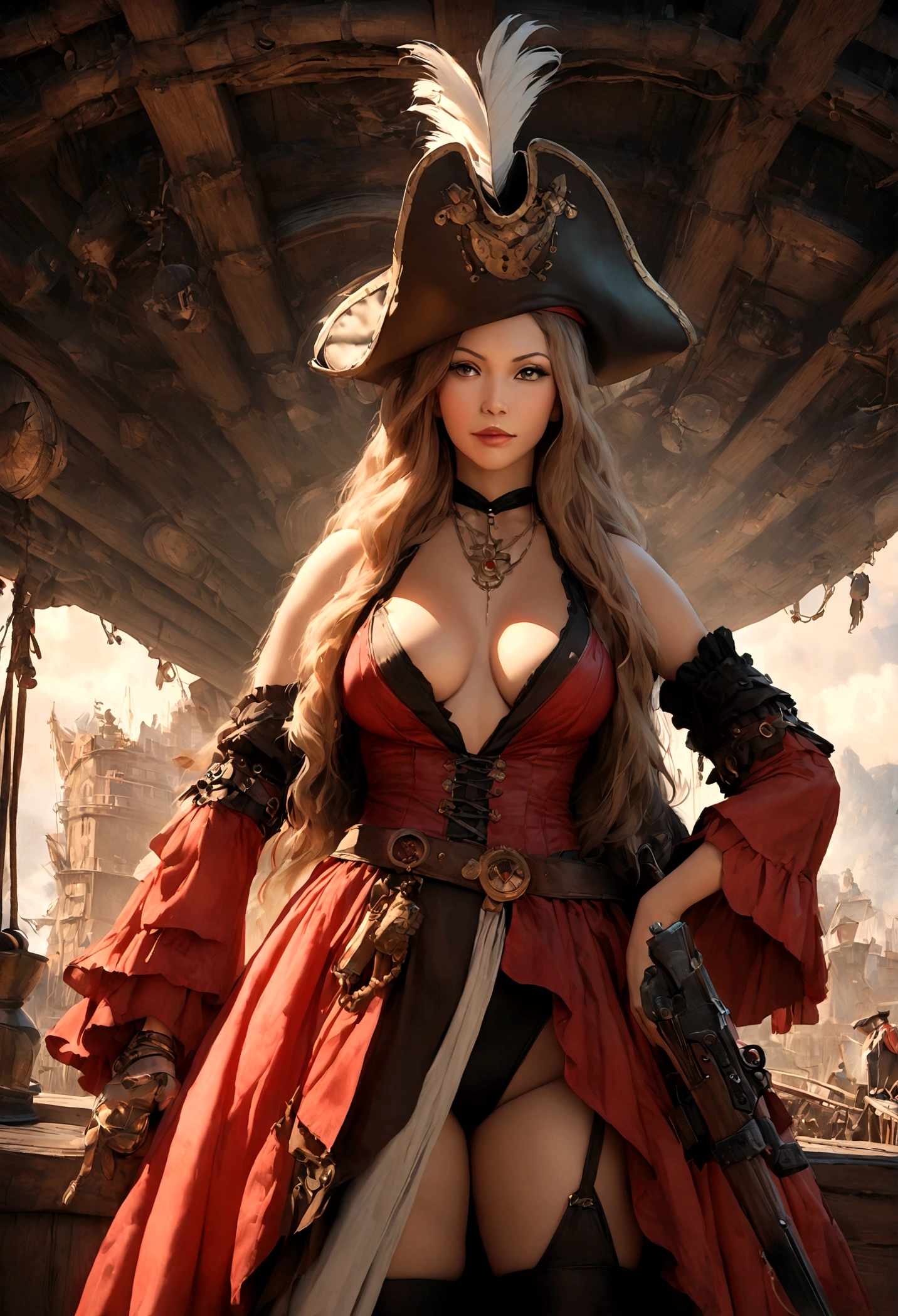 Gates McFadden (age 30) as a sky pirate, sexy over exposed revealing pirate outfit (alluring an d brave), pirate hat, sword and pistol at her side, on a red themed steampunk airship with crew, masterpiece, best quality, 8k, realistic, photorealistic, ultra-detailed, extremely detailed, sharp focus, vivid colors, professional, physically-based rendering, concept art