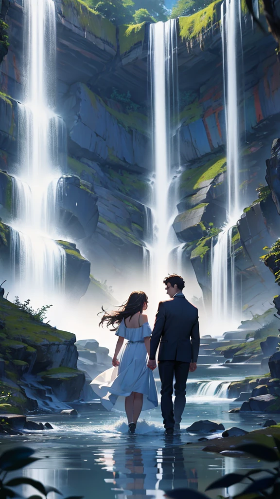 Couple holding hands next to a waterfall
