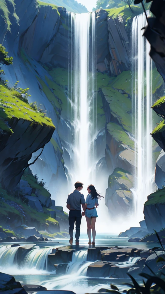 Couple holding hands next to a waterfall