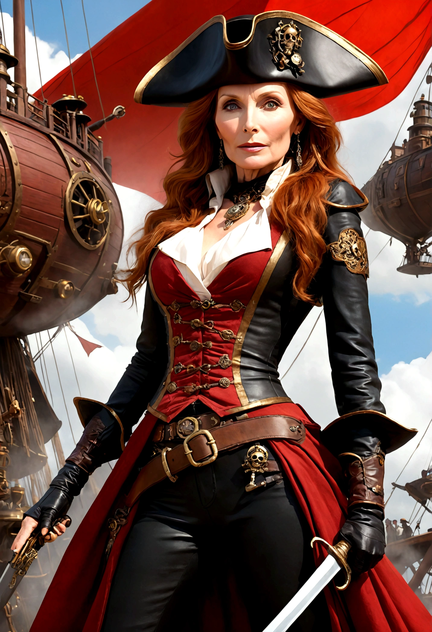 Gates McFadden (age 30) as a sky pirate, sexy over exposed revealing pirate outfit (alluring an d brave), pirate hat, sword and pistol at her side, on a red themed steampunk airship with crew, masterpiece, best quality, 8k, realistic, photorealistic, ultra-detailed, extremely detailed, sharp focus, vivid colors, professional, physically-based rendering, concept art