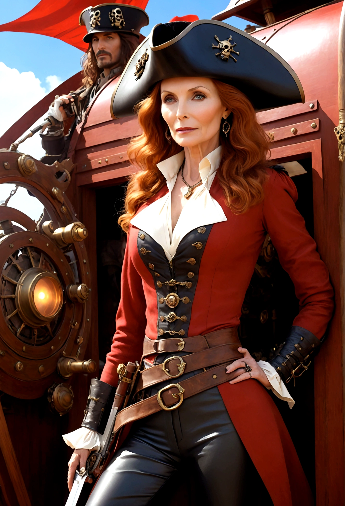 Gates McFadden (age 30) as a sky pirate, sexy over exposed revealing pirate outfit (alluring an d brave), pirate hat, sword and pistol at her side, on a red themed steampunk airship with crew, masterpiece, best quality, 8k, realistic, photorealistic, ultra-detailed, extremely detailed, sharp focus, vivid colors, professional, physically-based rendering, concept art