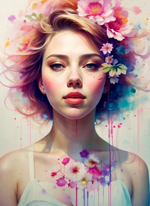 a abstract painting of Scarlett Johansen blend with a flower by agnes cecile, luminous design, pastel colours, ink drips, summer lights, double exposure, artistic, aesthetic, unique