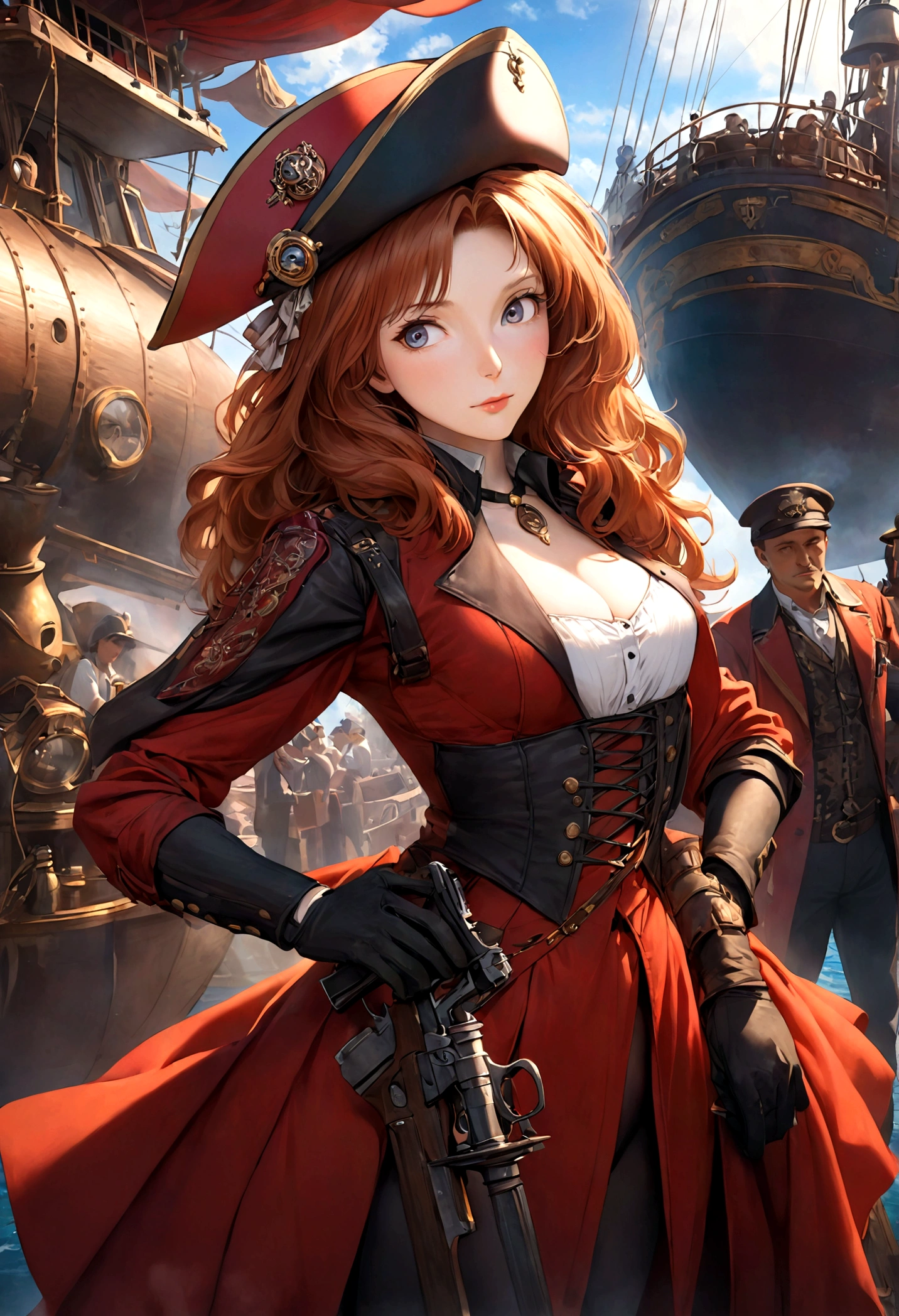 Gates McFadden (age 30) as a sky pirate, sexy over exposed revealing pirate outfit (alluring an d brave), pirate hat, sword and pistol at her side, on a red themed steampunk airship with crew, masterpiece, best quality, 8k, realistic, photorealistic, ultra-detailed, extremely detailed, sharp focus, vivid colors, professional, physically-based rendering, concept art