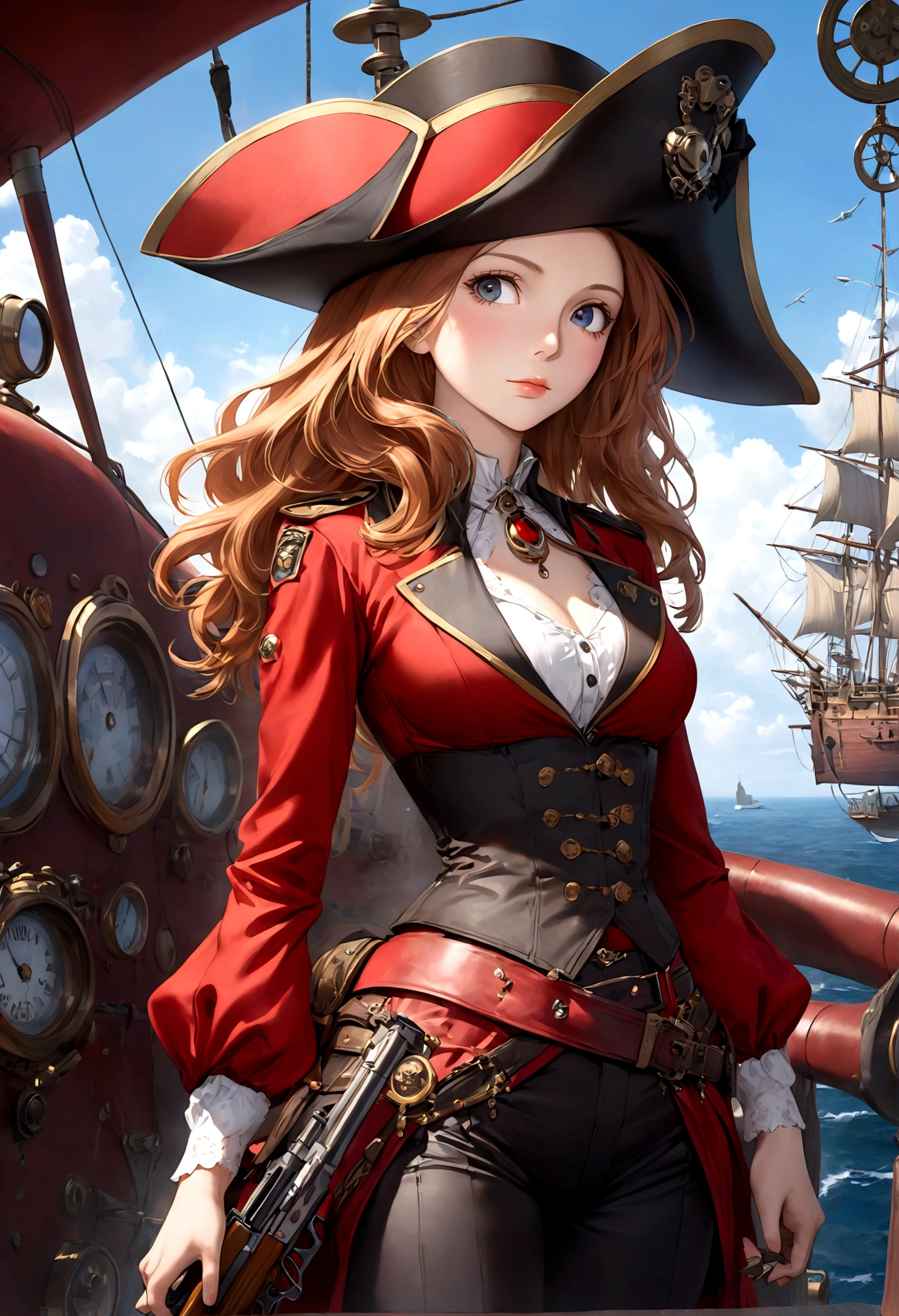 Gates McFadden (age 30) as a sky pirate, sexy over exposed revealing pirate outfit (alluring an d brave), pirate hat, sword and pistol at her side, on a red themed steampunk airship with crew, masterpiece, best quality, 8k, realistic, photorealistic, ultra-detailed, extremely detailed, sharp focus, vivid colors, professional, physically-based rendering, concept art