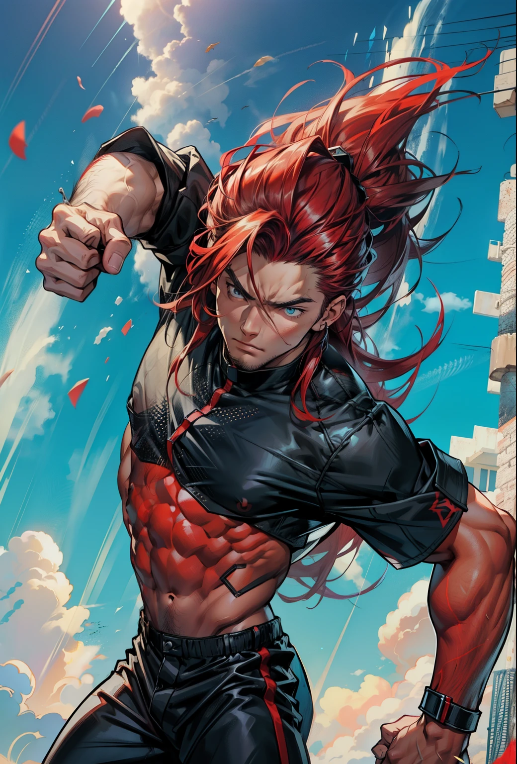 1boy, 26 Years old, Serious face, red hair, long hair, muscular, shirtless, ((black long pants)), punching, blue sky, cloud