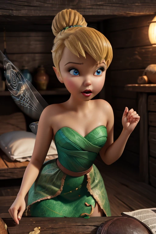 Meisterwerk, 8k, perfekte Beleuchtung, , Erwachsene, Weiblich, Blick auf den Betrachter, filmische Beleuchtung, Full body shot, (TinkerBell:1.5), (TinkerBell Clothes:1.1), einzelner Haarknoten, (green clothing), ((clothes made of leaves)), (Feenflügel:1.2), spitze Ohren, blaue Augen, (Detaillierte Augen:1.2), sexy, (downblouse) , short green skirt, green top,