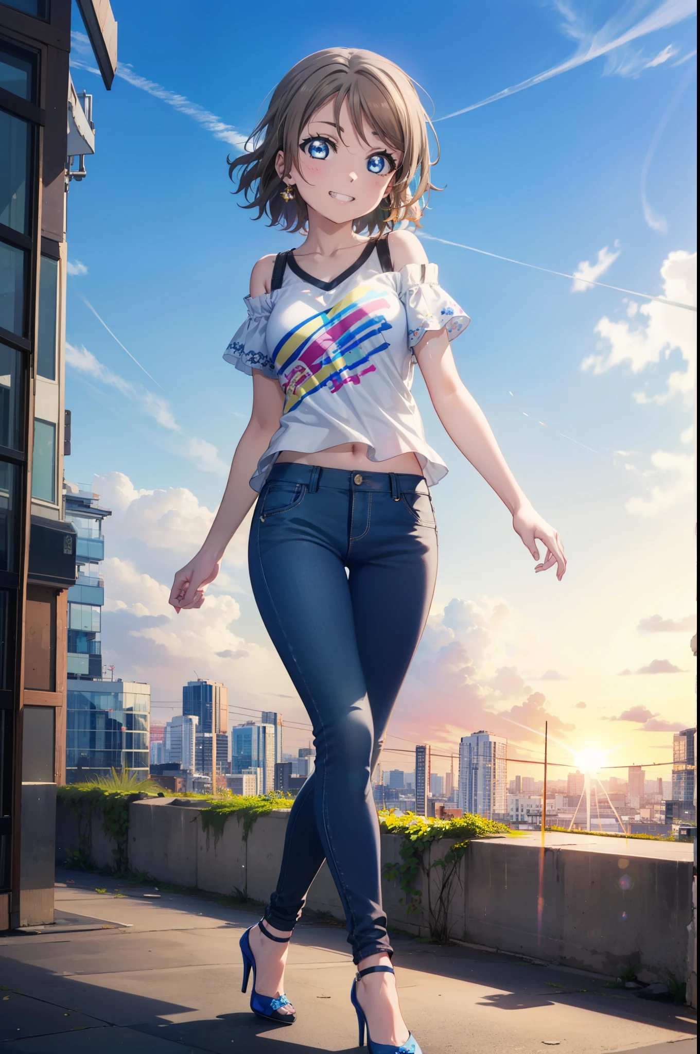 Yo Watanabe, Yu Watanabe, short hair, blue eyes, Brown Hair, Orange hair band,smile, Grin,Cold shoulder tops,Short sleeve,skinny pants,Stiletto heels,Walking,morning,morning陽,The sun is rising,whole bodyがイラストに入るように,
break outdoors, Building district,Coastal Road,
break looking at viewer, whole body,
break (masterpiece:1.2), highest quality, High resolution, unity 8k wallpaper, (figure:0.8), (Beautiful fine details:1.6), Highly detailed face, Perfect lighting, Highly detailed CG, (Perfect hands, Perfect Anatomy),