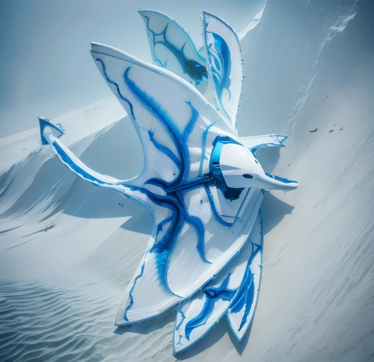 A giant manta, white with blue fluorescent designs in the back, with 6 wings, photorealistic, 8k, uhd, masterpiece, in a underground sea of nitorgen