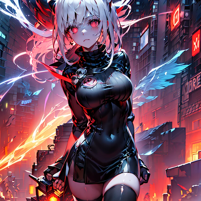 modeus(helltaker), black horns, large breasts, simple background, red eyes, long sleeves, closed mouth, symbol-shaped pupils, clothes tug, white background, black thighhighs, solo, sweater, long hair, white hair, medium hair, demon tail, sleeves past wrists, ribbed sweater, thighhighs, blush, turtleneck, 1girl, turtleneck sweater, heart, demon horns, tail, leaning forward, black tail, horns, heart-shaped pupils, red sweater, looking at viewer, hair between eyes, cowboy shot, demon girl