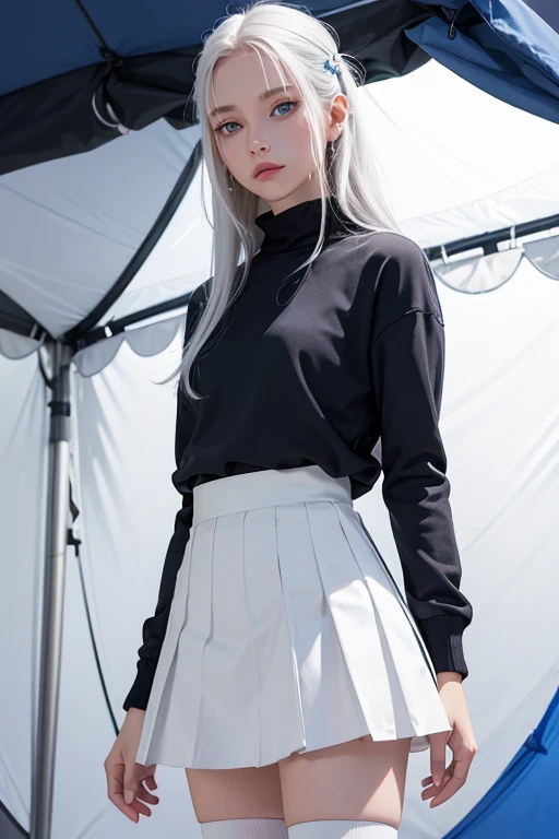 A girl wearing skirt, high sock, white hair, blue eyes, inside tent background, cozy shirt