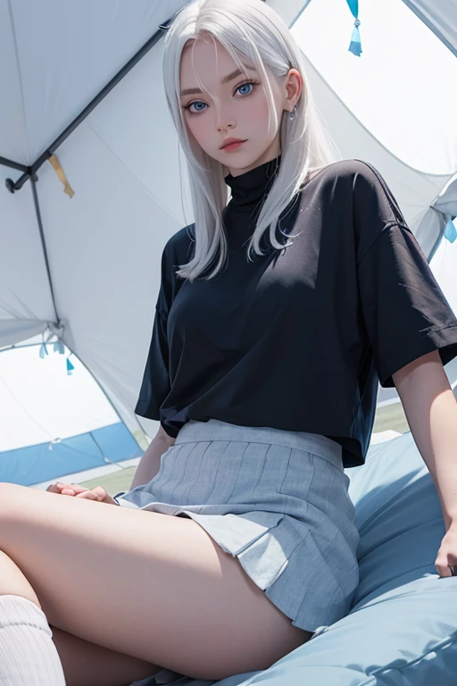 A girl wearing skirt, high sock, white hair, blue eyes, inside tent background, cozy shirt