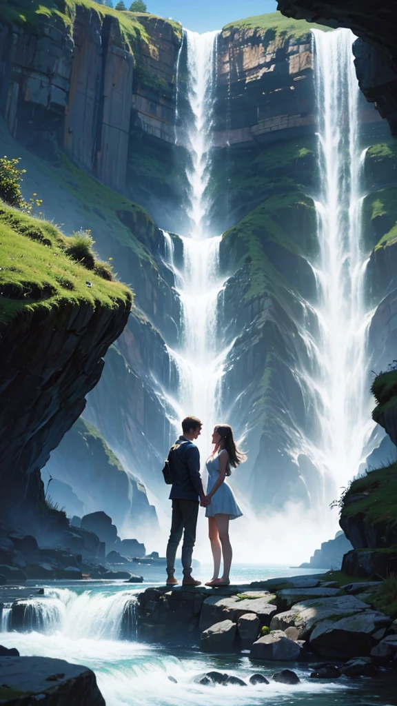 Couple holding hands next to a waterfall