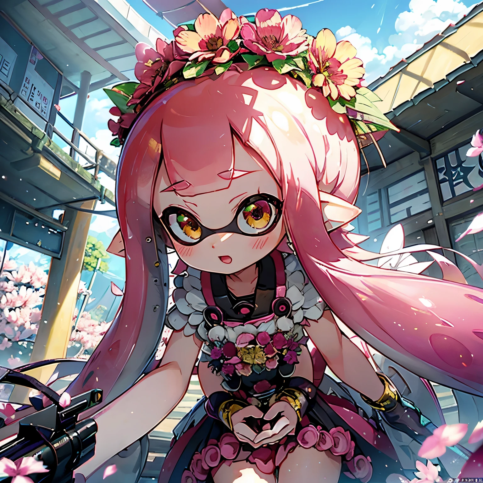 masterpiece、highest quality、High resolution、Real Anime、3D、background image、Flower Field、Flowers on one side、Lots of petals、SakuraFubuki、beautiful、beautiful、You can see far from the top of the hill、Ultra-wide angle、Splatoon Girl、20-year-old、Sharp face line、((Angle from below))、((Cowboy Shot))、Golden Eyes、Pink tentacle hair、Metallic shiny tentacle hair、Flower Hair Ornaments、Flower crown、((looking up:1.2))、Looking at the flowers above、Open Mouth Smile、blush、The flowers are scattered far and wide、Punk Battle Suit、Grabbing a gun、Clear sky、Little clouds、