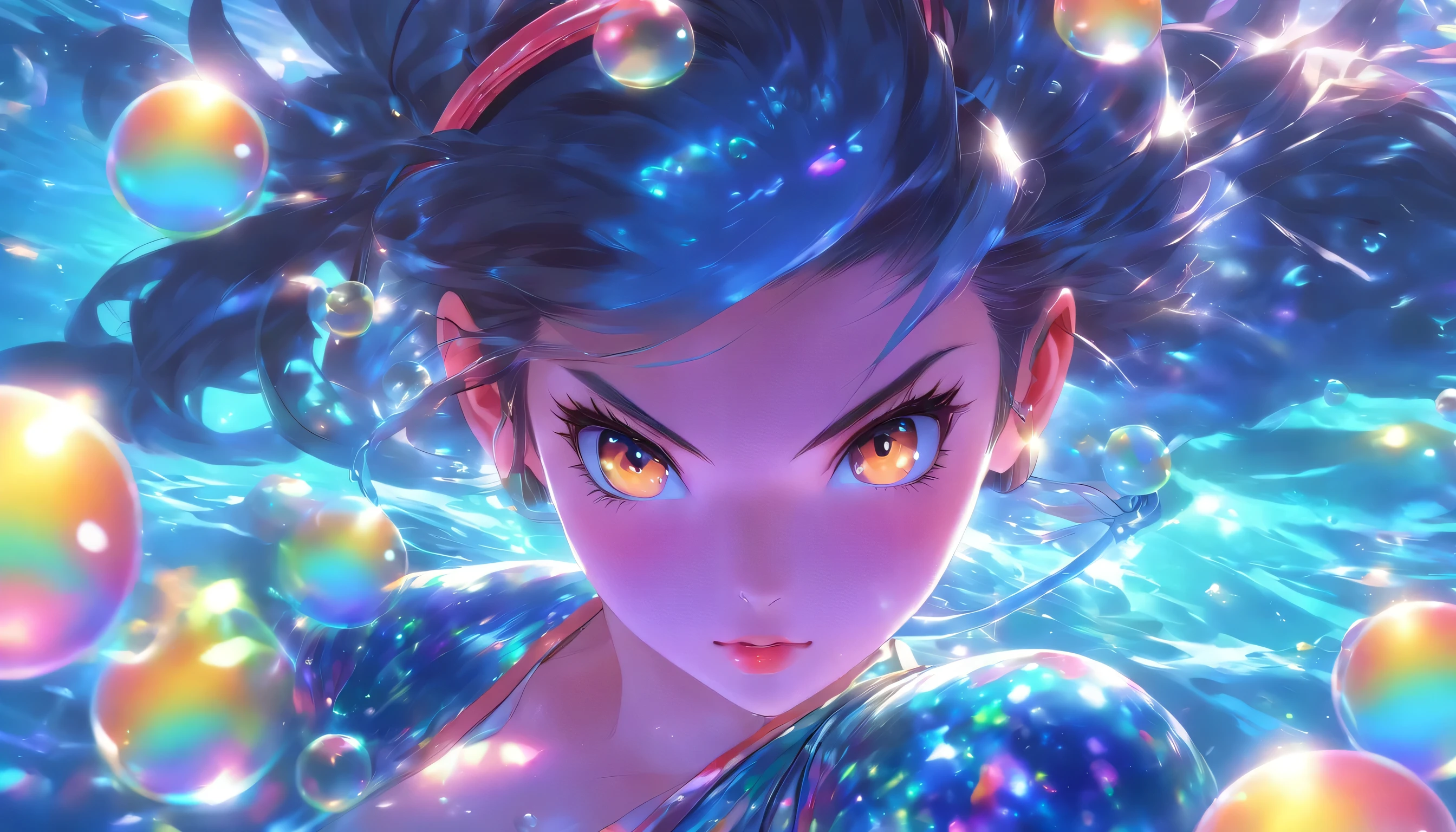 Transparent color PVC clothing, Transparent Vinyl Bikini, Prismatic, Holographic, chromatic aberration, Fashion Illustration, masterpiece, DJ Girl,, 8k, Super detailed, Pixiv、((Long eyelashes))、((Colorful Hair))、(((Wearing futuristic headphones)))、((I'm sticking out my belly button))、((Swaying bust))、(((Long hair that flows to one side)))、((Too big boobs))、(((In the big Lake Biwa)))、(((Many glowing bubbles)))、(((Relaxing in the lake)))、((Close ~ eyes))