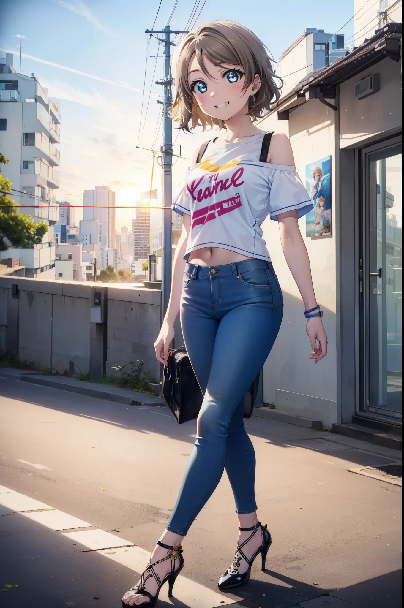 Yo Watanabe, Yu Watanabe, short hair, blue eyes, Brown Hair, Orange hair band,smile, Grin,Cold shoulder tops,Short sleeve,skinny pants,Stiletto heels,Walking,morning,morning陽,The sun is rising,whole bodyがイラストに入るように,
break outdoors, Building district,Coastal Road,
break looking at viewer, whole body,
break (masterpiece:1.2), highest quality, High resolution, unity 8k wallpaper, (figure:0.8), (Beautiful fine details:1.6), Highly detailed face, Perfect lighting, Highly detailed CG, (Perfect hands, Perfect Anatomy),