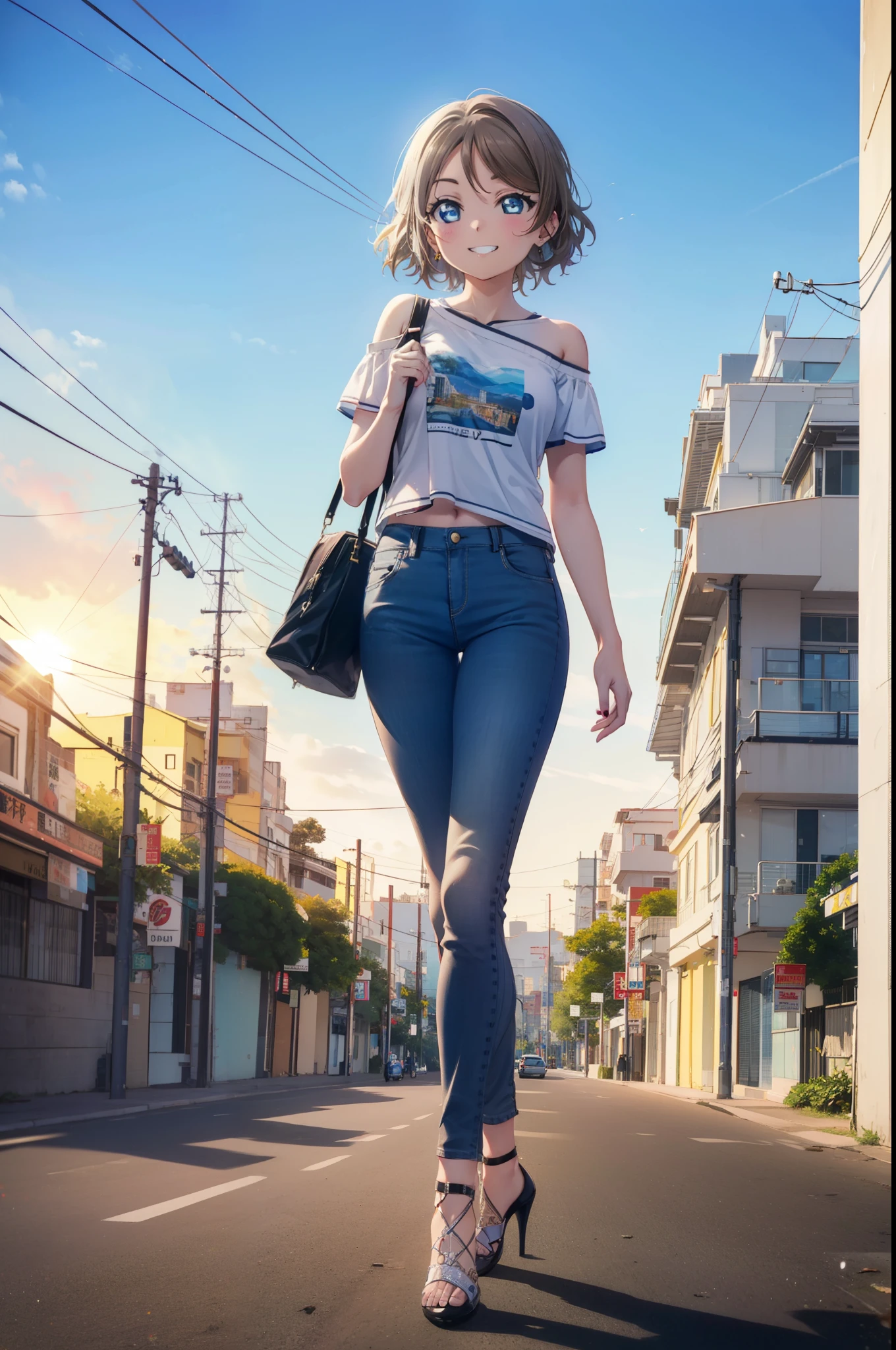 Yo Watanabe, Yu Watanabe, short hair, blue eyes, Brown Hair, Orange hair band,smile, Grin,Cold shoulder tops,Short sleeve,skinny pants,Stiletto heels,Walking,morning,morning陽,The sun is rising,whole bodyがイラストに入るように,
break outdoors, Building district,Coastal Road,
break looking at viewer, whole body,
break (masterpiece:1.2), highest quality, High resolution, unity 8k wallpaper, (figure:0.8), (Beautiful fine details:1.6), Highly detailed face, Perfect lighting, Highly detailed CG, (Perfect hands, Perfect Anatomy),