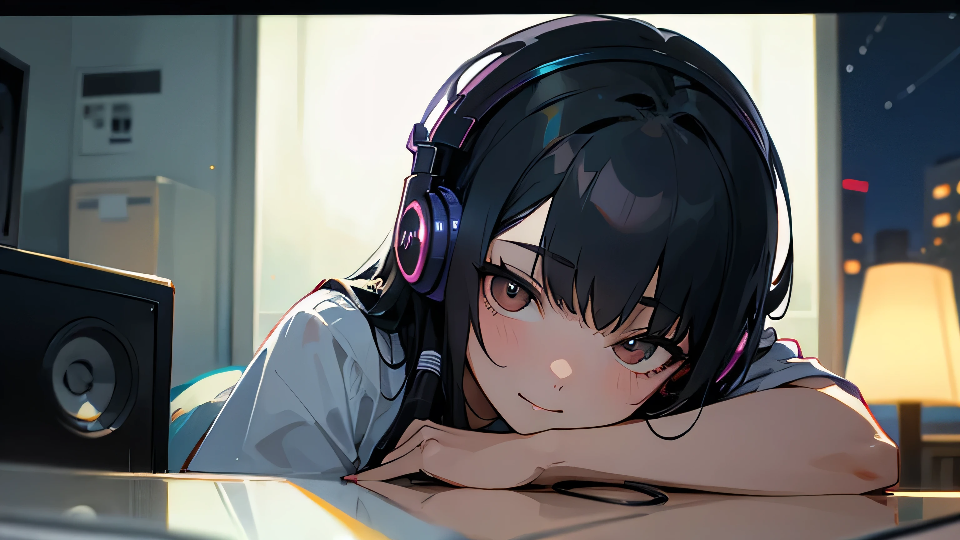 Room with speakers、Cat with headphones、Face close-up、night、Black Hair、