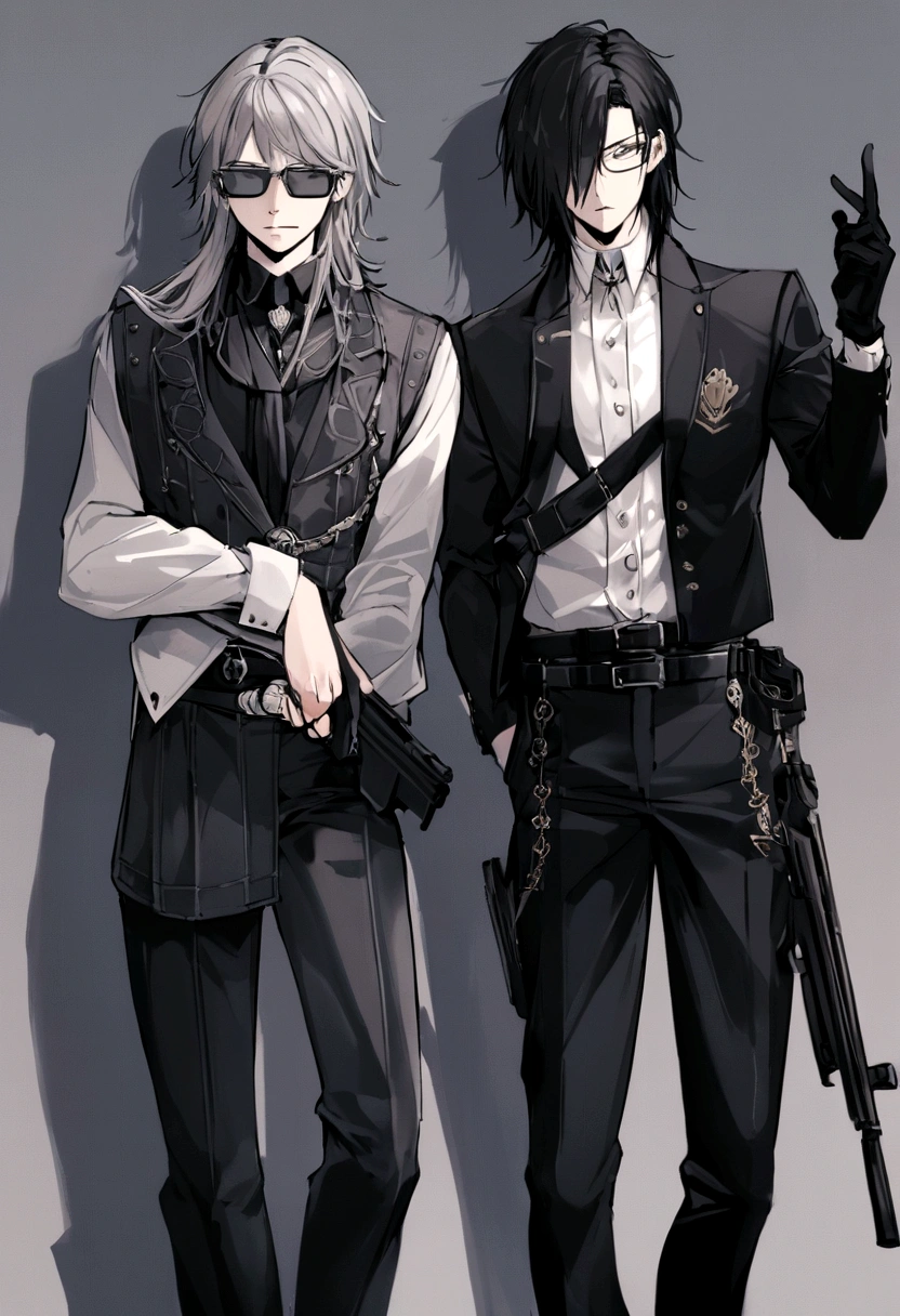  una gabardina gris como la de dante de devil man cry, black pants black vest white shirt a gun belt with his two favorite weapons pair of intimidating and high-powered semi-automatic pistols called 454 Casull and Jackal how about the weapons on the sides say 狂気は、When you know how to use it to your advantage.、贈り物となるthat on the front is to say where the weapons are fired, how about they sayショータイムです and finally some retro fashion UV polarized glasses and black gloves exposing his knuckles and index finger on each hand his pants are wrapped with a belt black with a silver emblem

