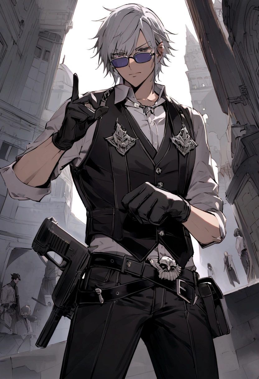 una gabardina gris como la de dante de devil man cry, black pants black vest white shirt a gun belt with his two favorite weapons pair of intimidating and high-powered semi-automatic pistols called 454 Casull and Jackal how about the weapons on the sides say 狂気は、When you know how to use it to your advantage.、贈り物となるthat on the front is to say where the weapons are fired, how about they sayショータイムです and finally some retro fashion UV polarized glasses and black gloves exposing his knuckles and index finger on each hand his pants are wrapped with a belt black with a silver emblem