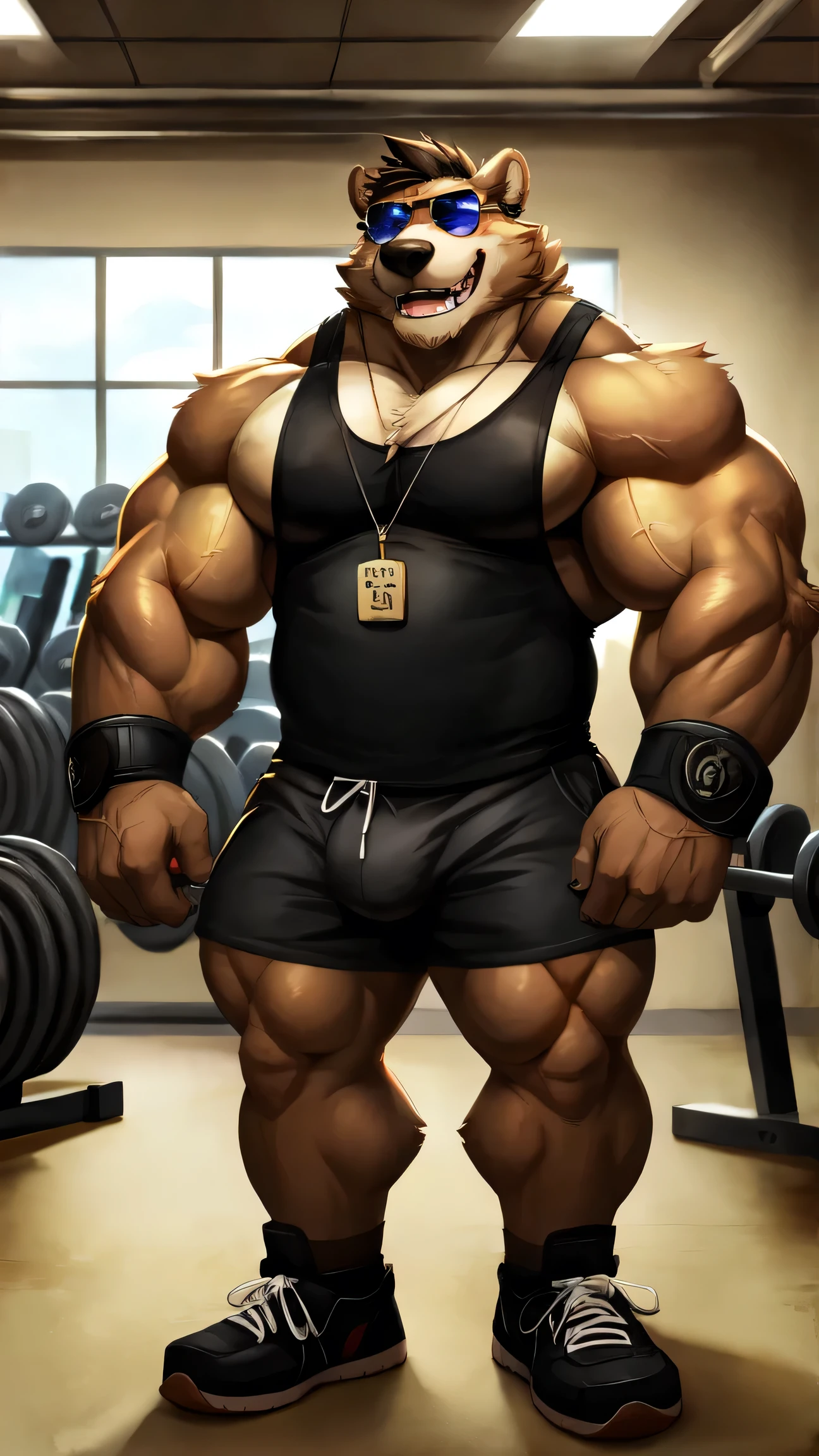 By dangpa, By daveoverlord, by kuulongarl, by takemoto, by kusunagi grizzly bear, muscular, topless, military, gym, training, huge pec, pectoral, large, black tank top, black gym shorts, black wristbands, black gym shoes, dig tag necklace, wearing black sun glasses, attractive guy, 8k furry art