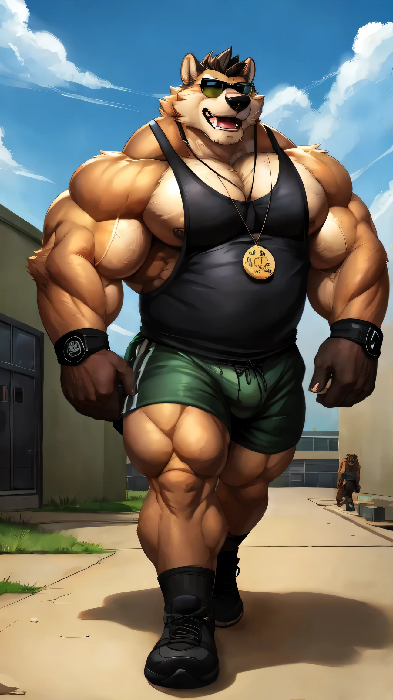 By dangpa, By daveoverlord, by kuulongarl, by takemoto, by kusunagi grizzly bear, muscular, topless, military, gym, training, huge pec, pectoral, large, black tank top, black gym shorts, black wristbands, black gym shoes, dig tag necklace, wearing black sun glasses, attractive guy, 8k furry art