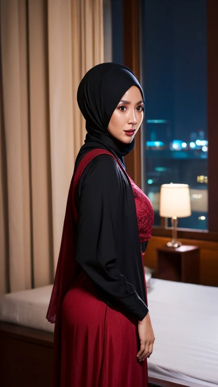 56 years Old, Hijab Indonesian mature woman, Saggy Large Mature Tits : 96.9, Gamis, Tight Gamis, Perfect body, at Apartment balcony, Bright light, at Night Time
