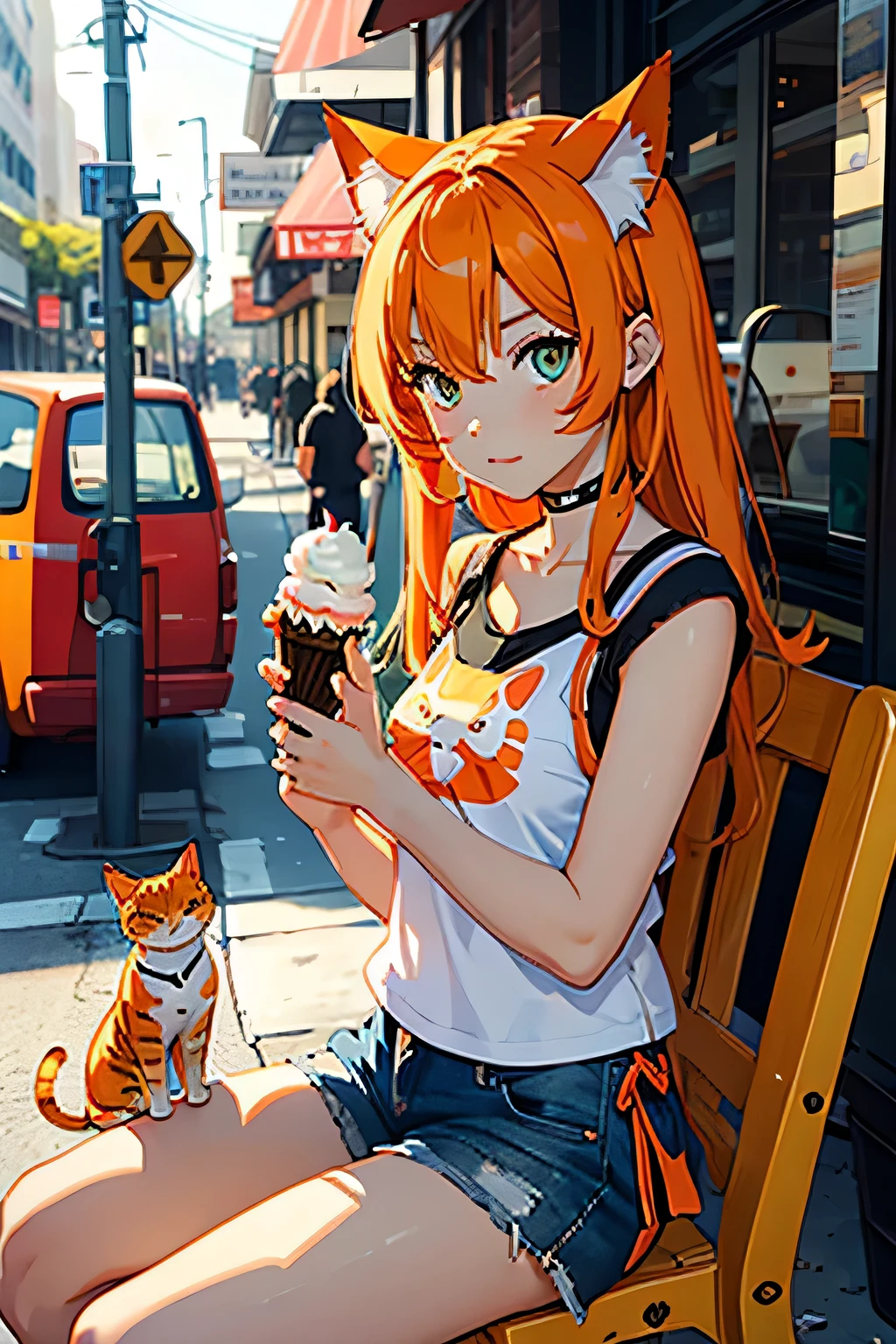 2d Cat girl holding a ice cream with her orange cat
