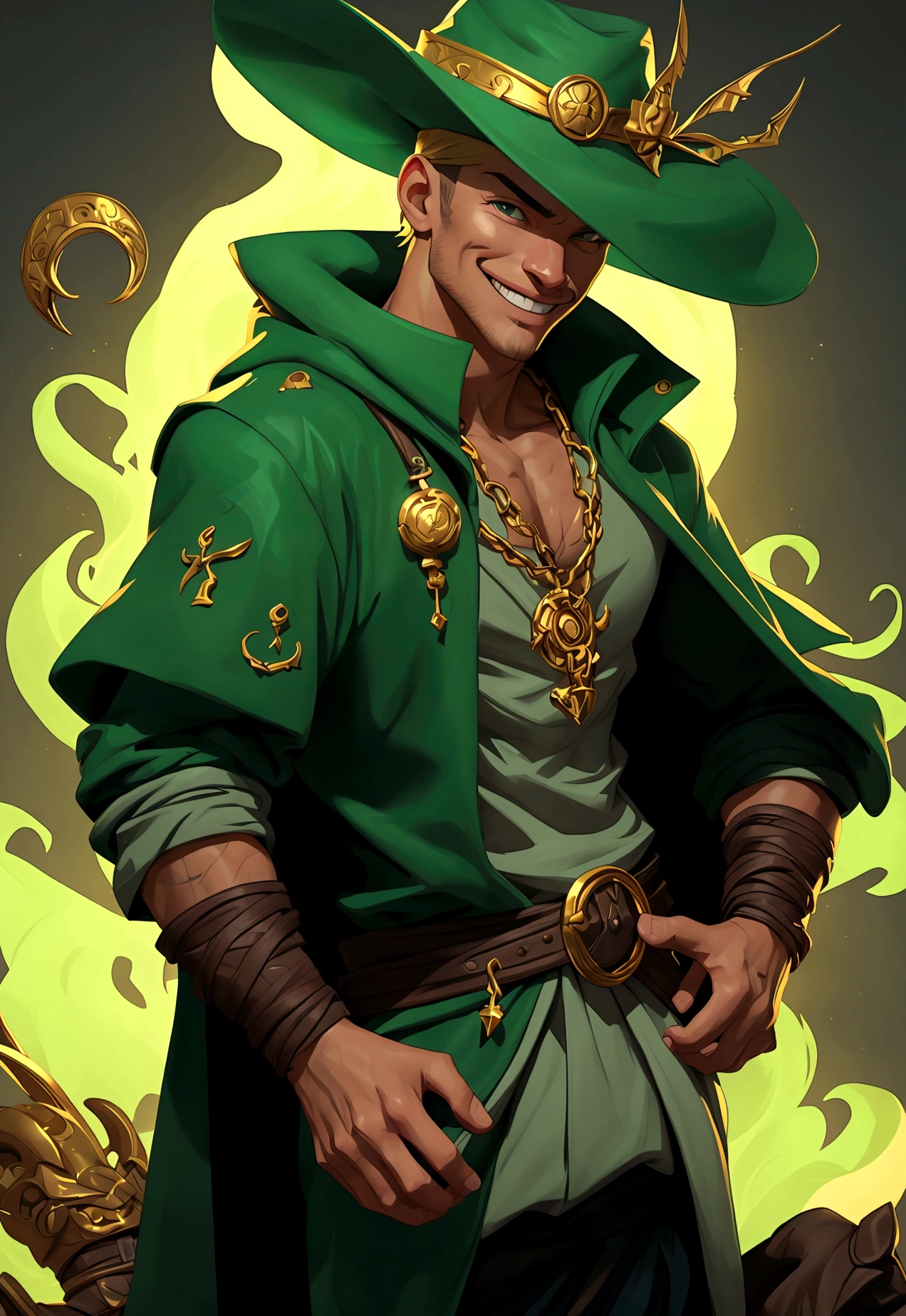 Jax is a charming, adventurous guy with a mischievous grin. He wears a bright green hat and a matching cloak with a golden clasp.