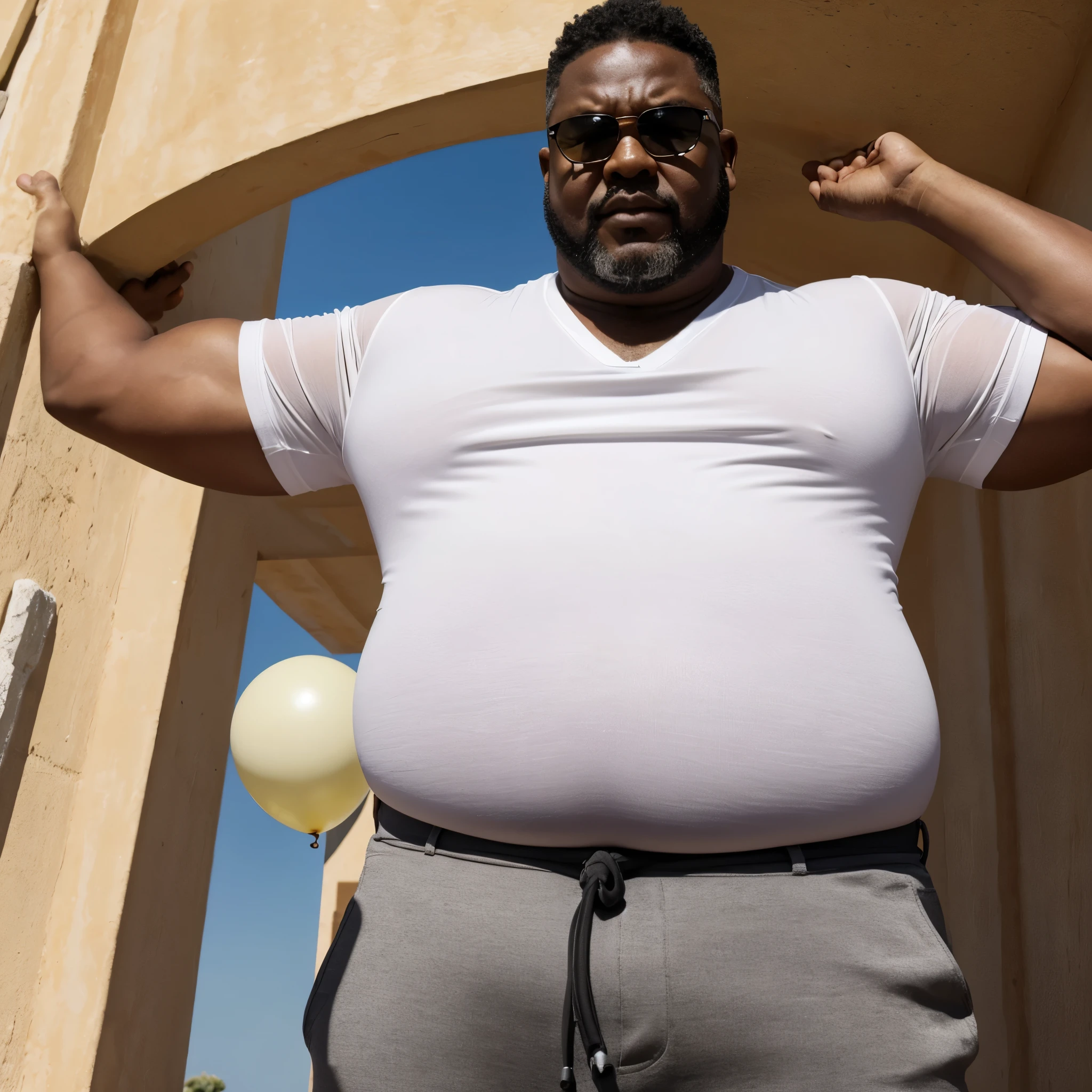 Un hombre africano calvo cacheton gigante, (obeso), (barrigon), serio, 50 years old grumpy with 35 meters tall bodyguard with a huge round shaped belly with a full heavy body, leaning inside an elevator with a huge distended belly sticking out to the side like an expanding balloon, (usando una camisa blanca), (black pants), (gafas de sol) su vientre tiene la forma de parecido a un enorme globo hinchado lleno de agua colgando entre sus rodillas, con sus brazos abiertos