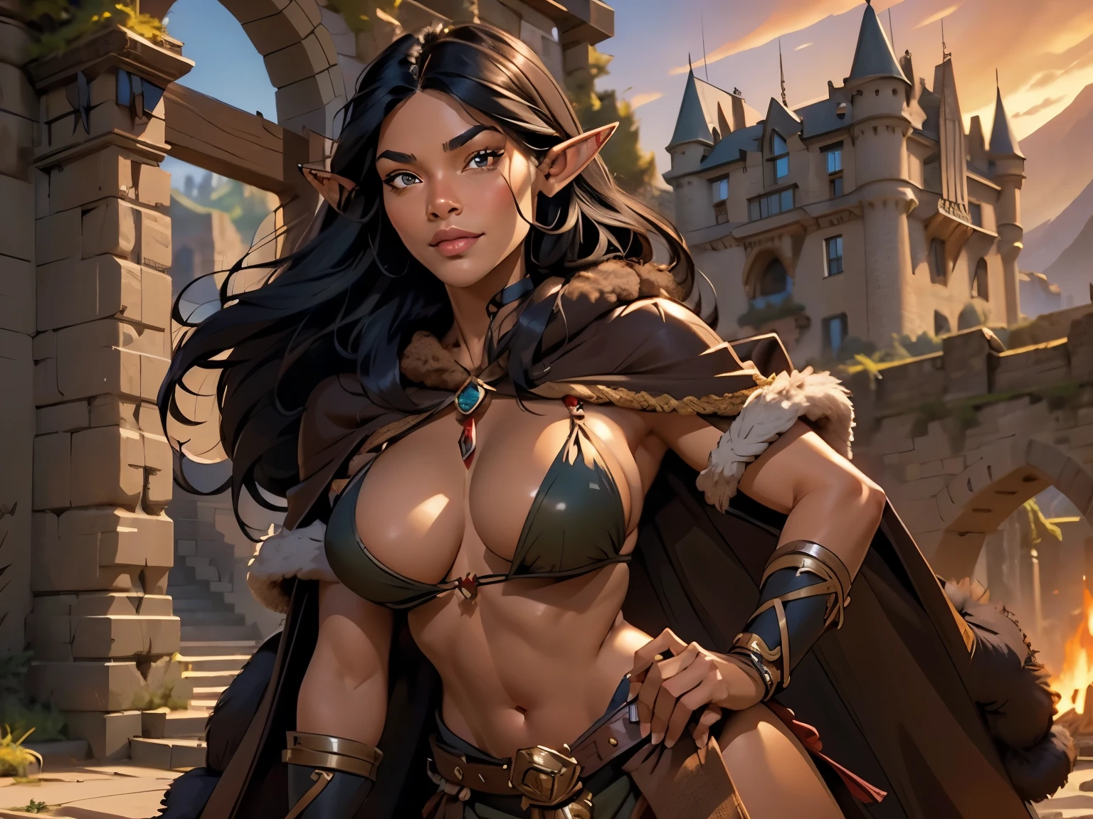 a ((native american elf)). She wears a brown leather bikini, fur cloak, fur boots, fur bracers. (((native American))), 1woman, large breasts , curvy, slim waist. ((black hair)), long hair, coco skin, Dark skin, brown eyes. (detailed eyes, detailed face), smile, red lips. Square jaw, high cheekbones, strong jaw line. Show her in a heroic pose ready for battle. tanned skin. intricate details. a horde of monsters attack the castle gate in the background.