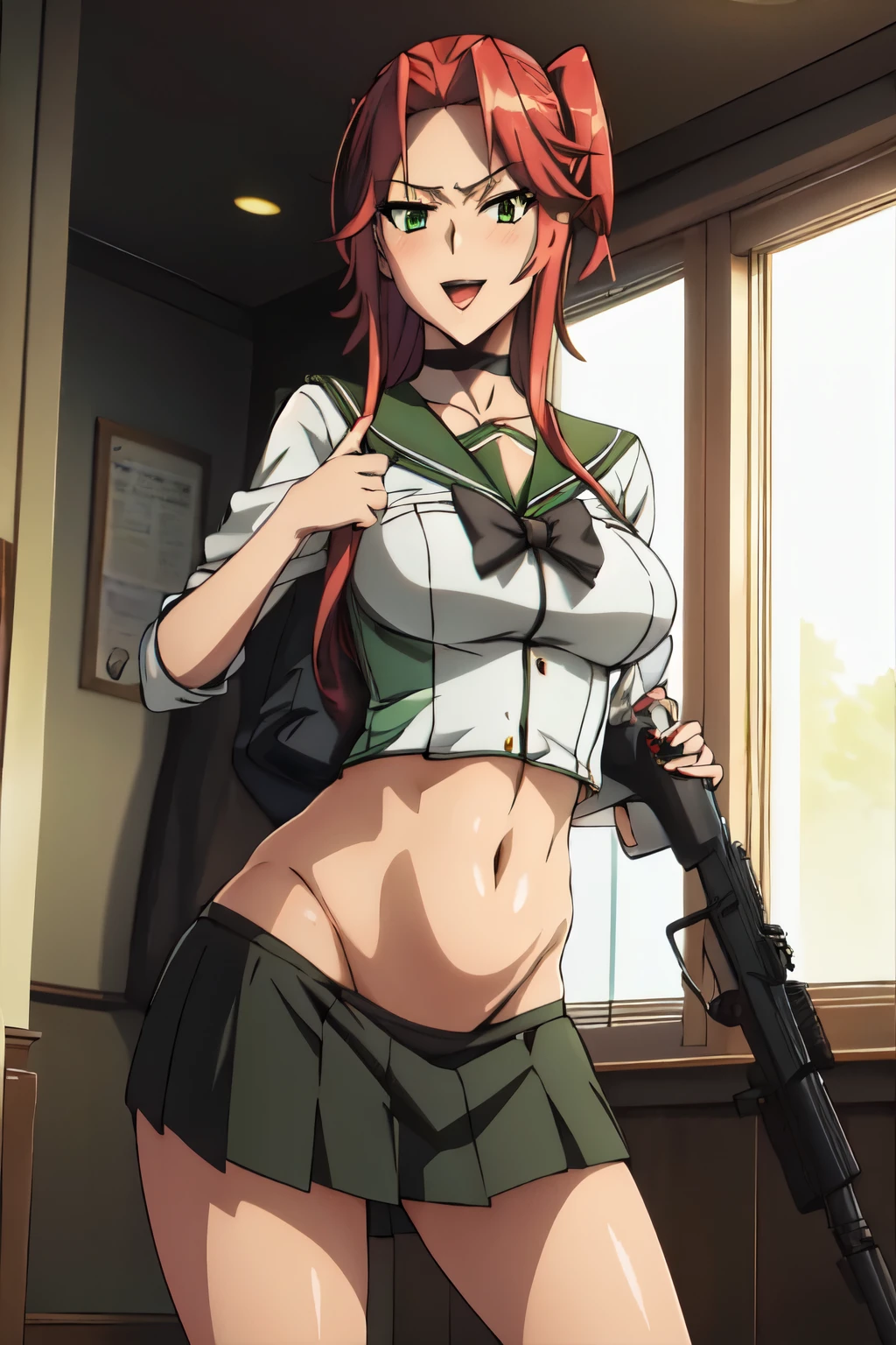 bitch medium breasts, red hair, beautiful face, green eyes, evil smile, blush, lipstick, evil smile , choker, masterpiece, best quality, highly detailed, a anime girls in sailor uniforms with a gun posing for a picture,
evil smile, smile, open mouth,black_serafuku, ecchi anime style, anime girls , (nsfw) not safe for work,
ecchi style, ecchi, shipgirls, digital anime art!!, high school girls, holding a gun, hold a gun, anime style 4
k, micro skirt, exposed belly, exposed navel, exposed midriff,
exposed lower belly,school, classroom, 