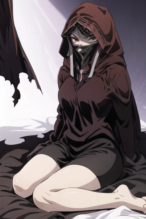 No name assassin, red eyes, breasts, cloak, robe, long skirt, mask, hood, cape, sitting, best quality, masterpiece, bedroom