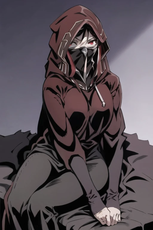 No name assassin, red eyes, breasts, cloak, robe, long skirt, mask, hood, cape, sitting, best quality, masterpiece, bedroom