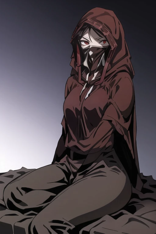 No name assassin, red eyes, breasts, cloak, robe, long skirt, mask, hood, cape, sitting, best quality, masterpiece, bedroom
